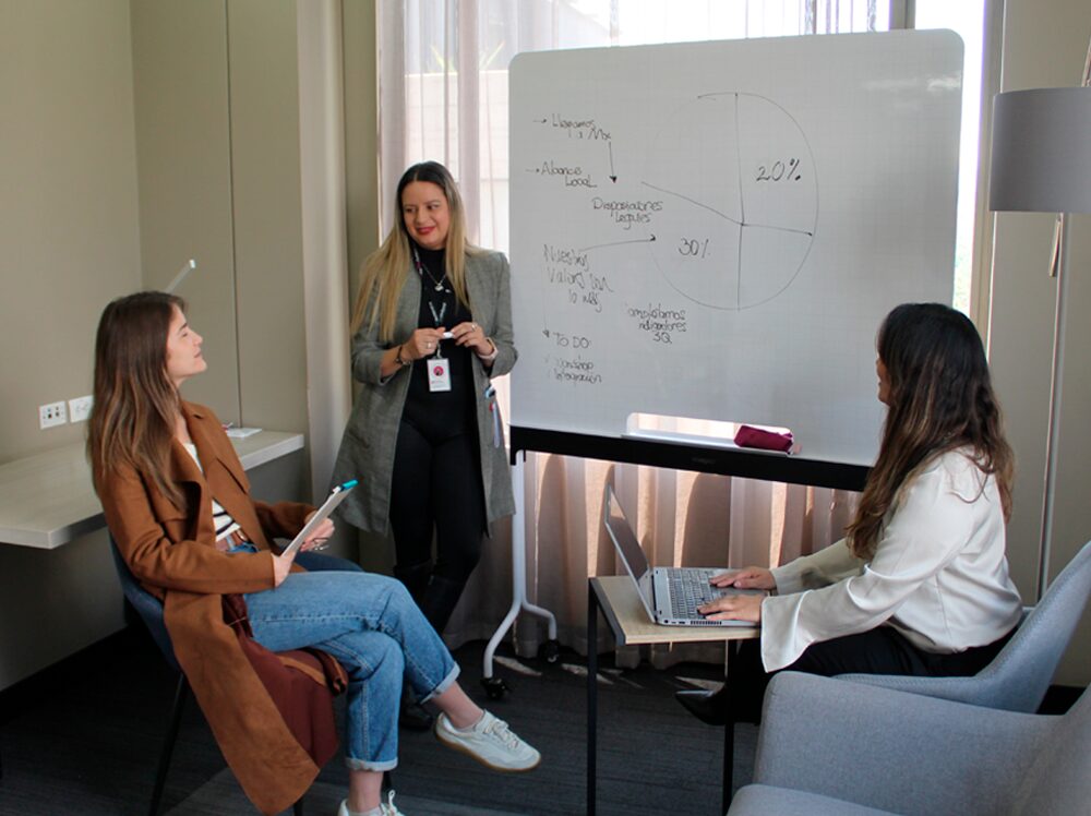 Tres colegas discuten sobre un gráfico circular y notas en una pizarra en una reunión de oficina.