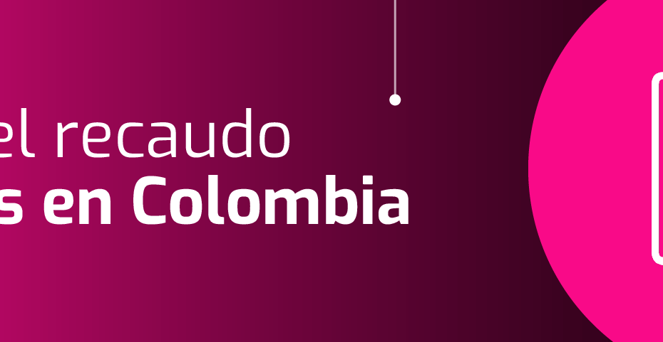 Pancarta gráfica con texto que dice "Desafíos fiscales en la recaudación de impuestos en Colombia" y un ícono de una caja registradora, sobre un fondo rosa y morado.