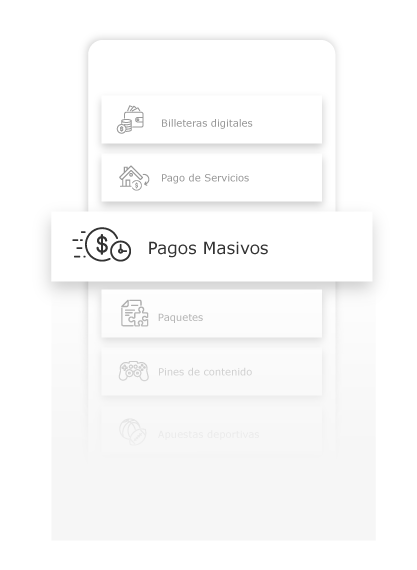 Interfaz de aplicación móvil con opciones: Billeteras digitales, Pagos de servicios, Pagos masivos (resaltados), Paquetes, Pines de contenido, Apuestas deportivas.