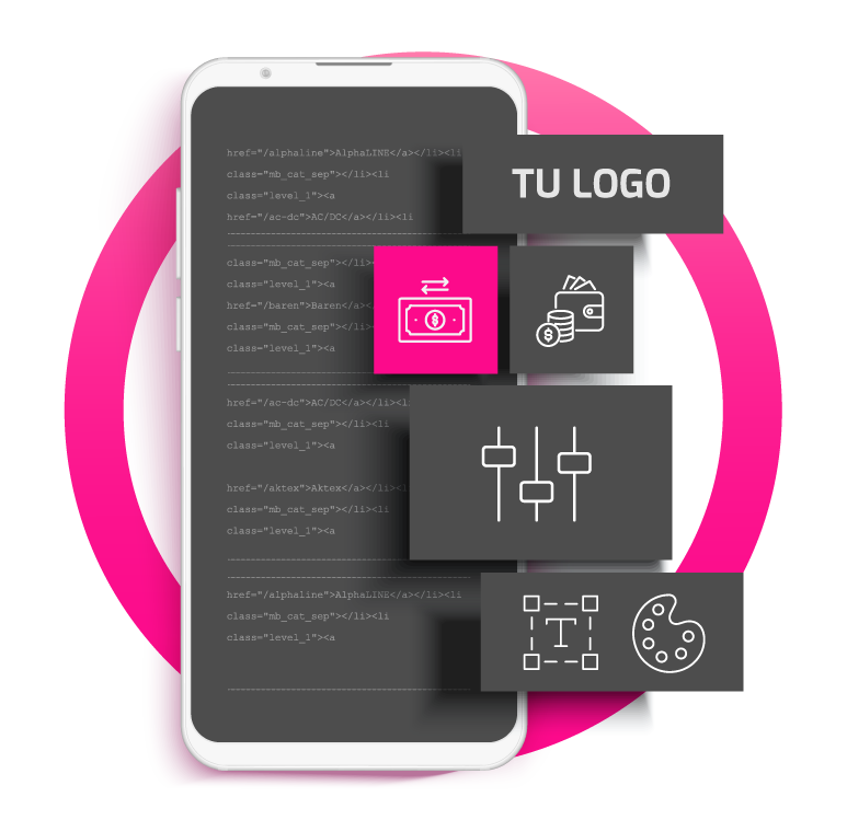 Teléfono inteligente que muestra un código con cuatro íconos oscuros superpuestos: un casete, comestibles, controles deslizantes de audio y una herramienta de texto con una paleta de pintura, sobre un fondo circular rosa al lado de "TU LOGO".