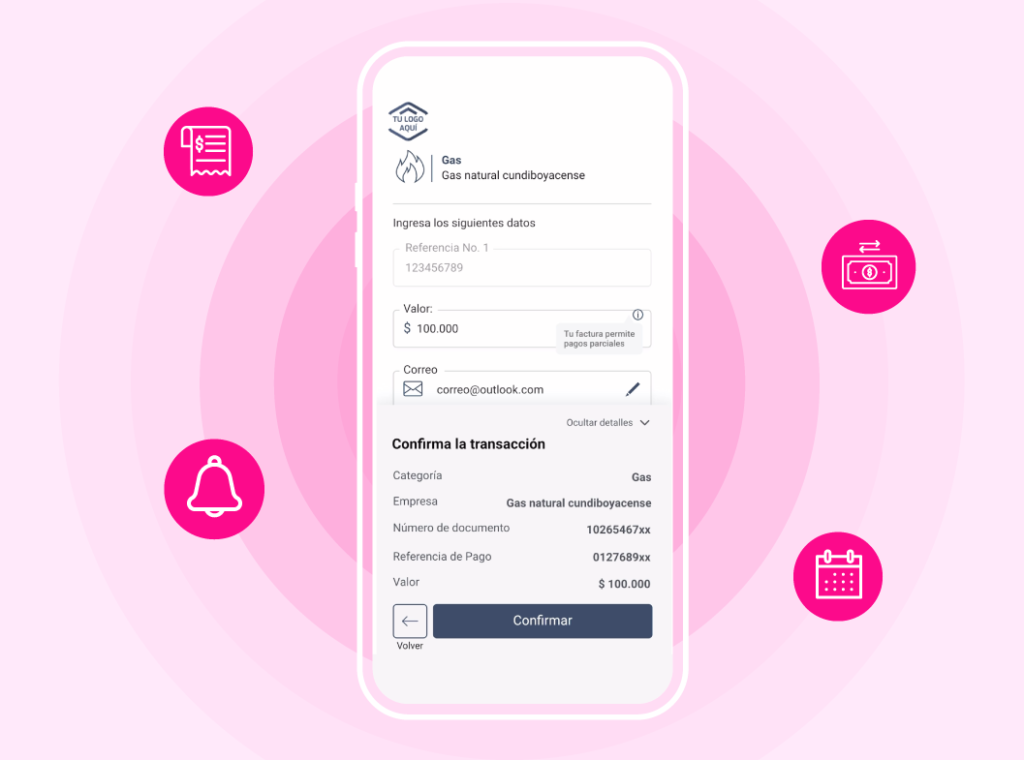 Pantalla de teléfono móvil que muestra un formulario de pago de factura de gas con opciones para ingresar el número de referencia, el valor del pago y el correo electrónico. El fondo incluye íconos: lista, alerta, billetera y calendario.