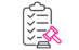 Un martillo rosa con un ícono de lista de verificación sobre un fondo negro.